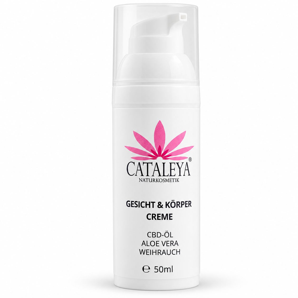 Weiße Flasche mit Pumpspender, Aufschrift: CATALEYA NATURKOSMETIK GESICHT & KÖRPER CREME, CBD-ÖL, ALOE VERA, WEIHRAUCH, e 50ml.