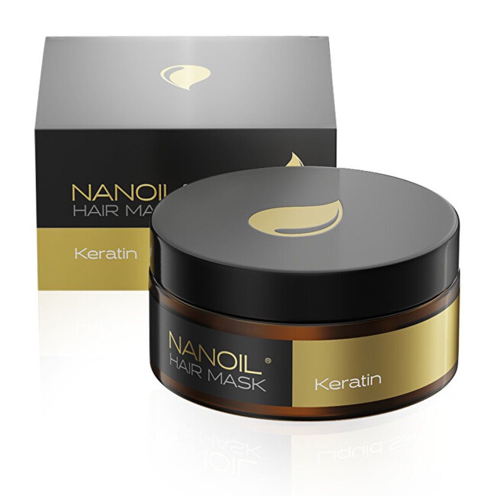 Nanoil Haarmaske mit Keratin und dazugehöriger Verpackung.