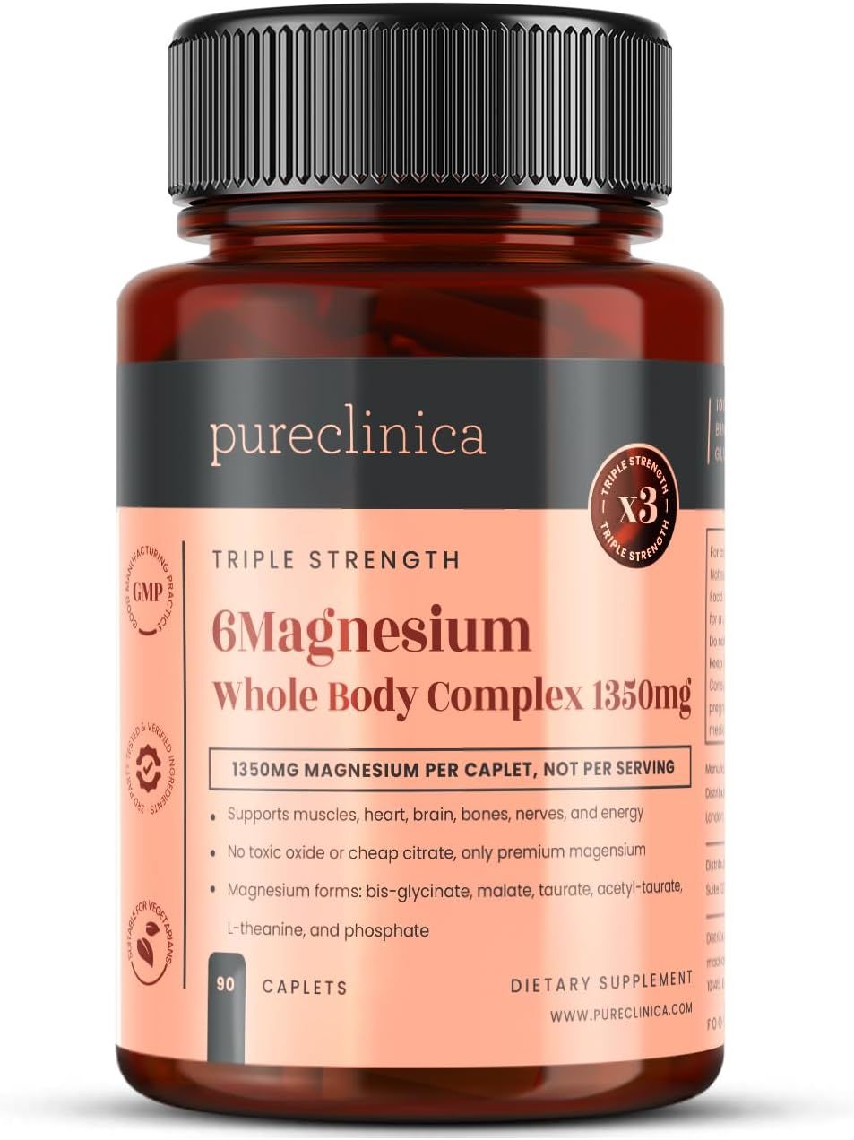 Pureclinica Magnesium Komplex Tablette. Enthält 90 Kapseln, 1350mg Magnesium pro Kapsel. Unterstützt Muskeln, Herz, Gehirn, Nerven und Energie.