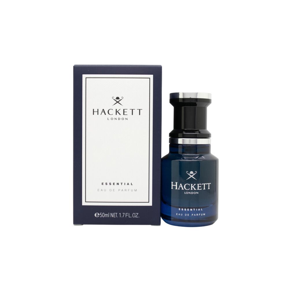 Dunkelblaue Flasche und Schachtel. Aufschrift: Hackett London, Essential Eau de Parfum. 50ml.