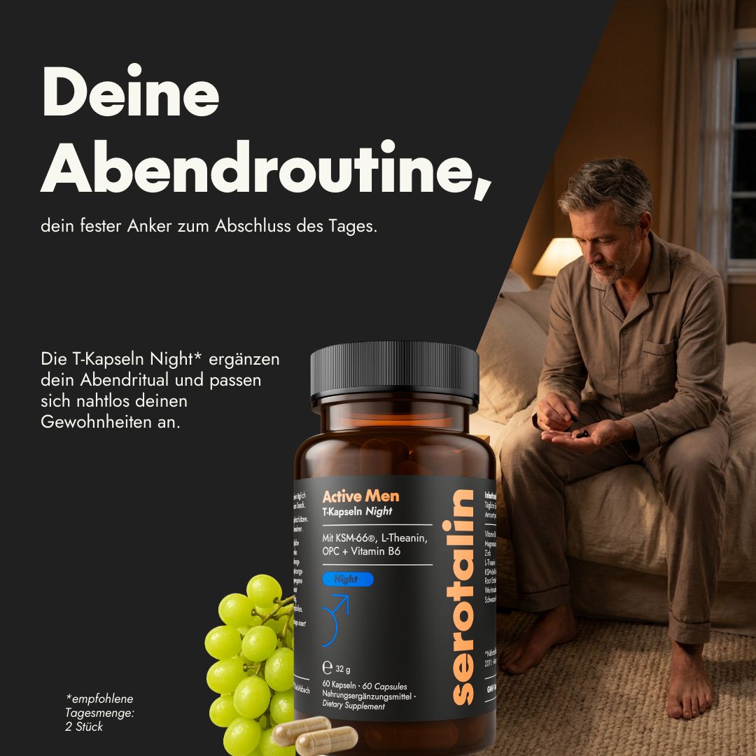 Braune Kapsel-Flasche mit serotalin-Logo. Mann sitzt auf einem Bett. Aufschrift: Active Men T-Kapseln Night. Mit KSM-66, L-Theanin, OPC + Vitamin B6.