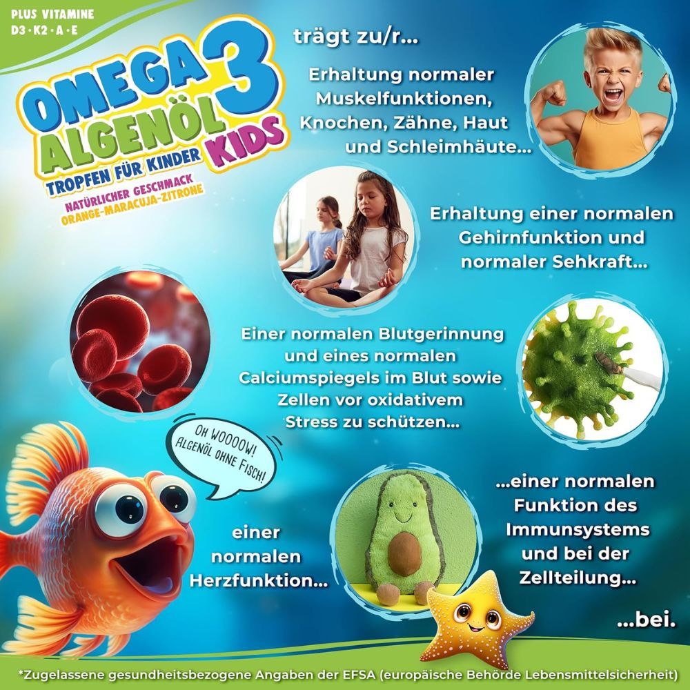 Werbetafel mit Text und Illustrationen. Omega 3 Algenöl Kids. Enthält Illustrationen von Kindern, Fisch, Avocado und Blutzellen.