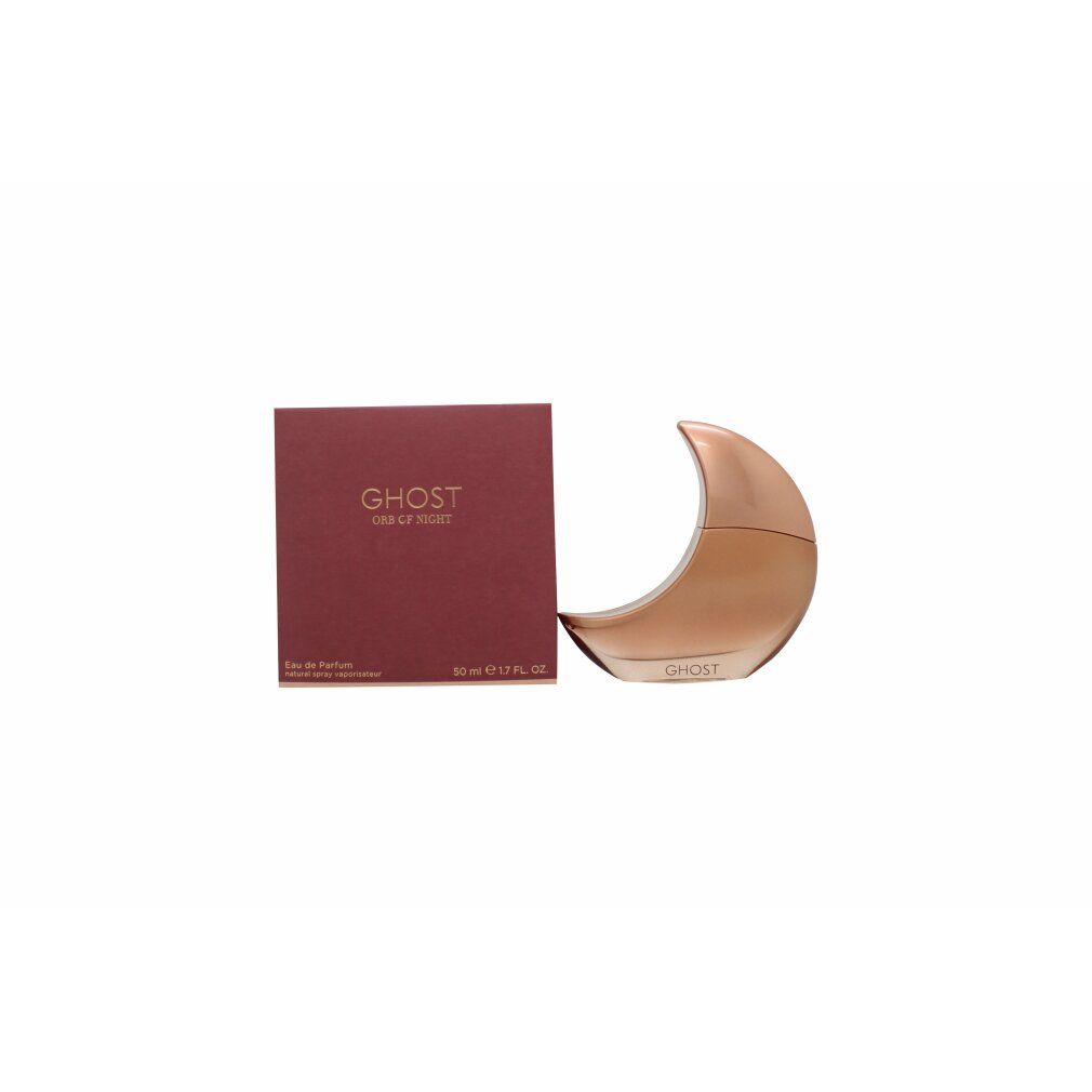 Parfümflakon in Mondform und rechteckige Verpackung. Verpackung mit Schriftzug "GHOST". Flakon und Verpackung in Rosé-Gold-Tönen.