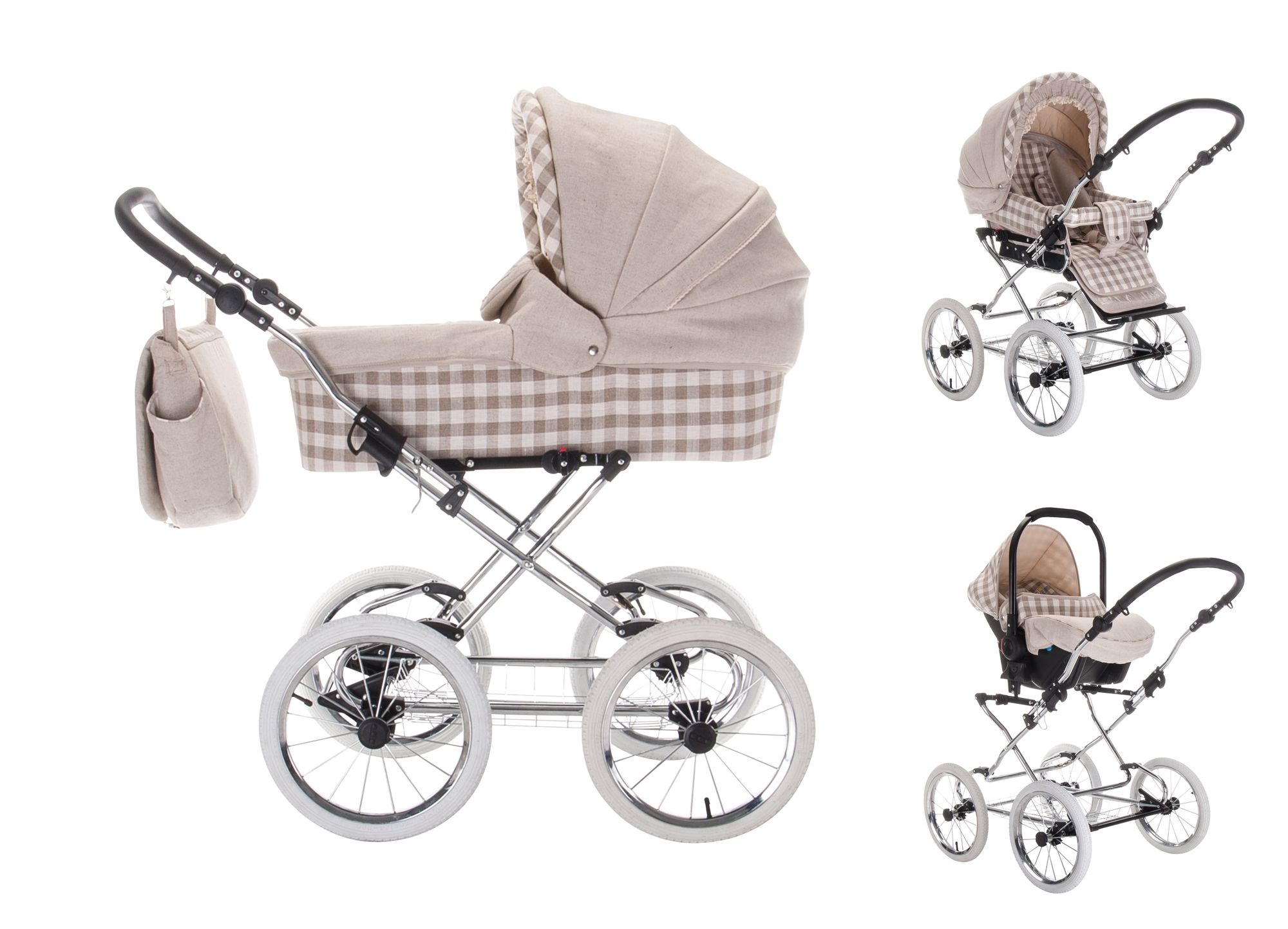 Kinderwagen mit kariertem Stoff, silbernem Gestell, vier Rädern und Tasche. Verschiedene Ansichten.