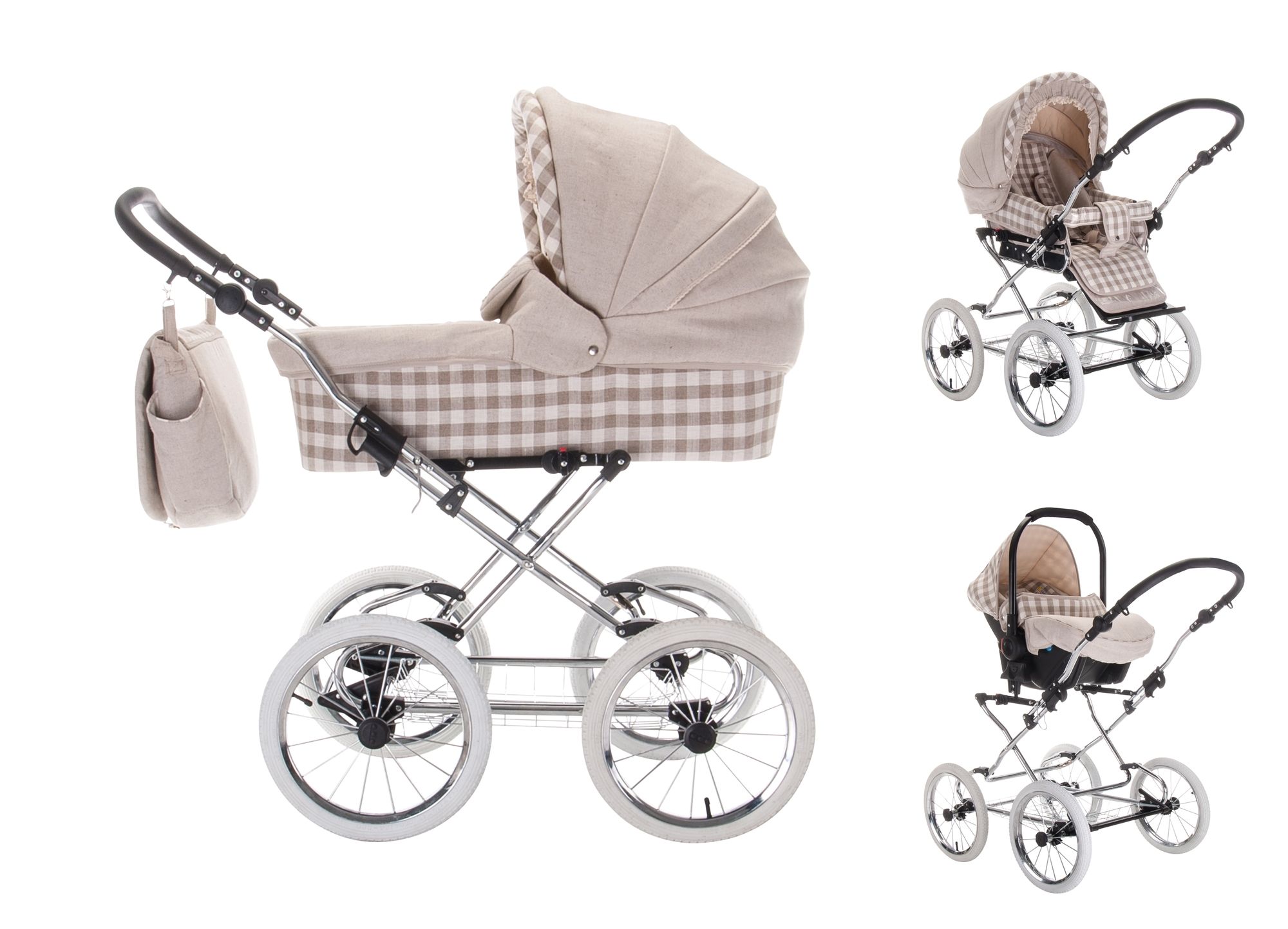 Friedrich Hugo Natureline Checked 4 in 1 Kinderwagen Isofix Set, Claudette Silver