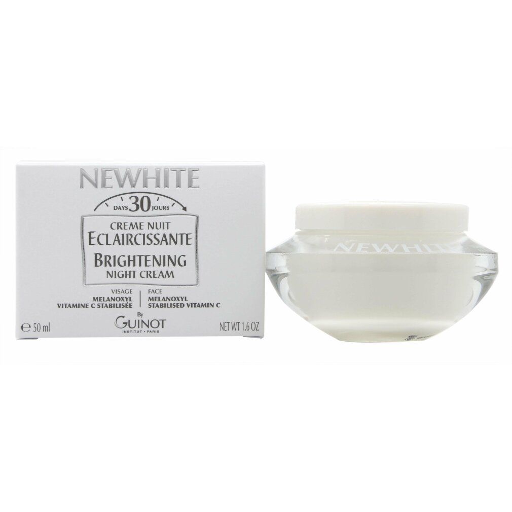 Creme-Glas neben einer weißen Schachtel. Auf dem Glas steht "NEWWHITE". Auf der Schachtel steht "NEWWHITE" und "CREME NUIT".