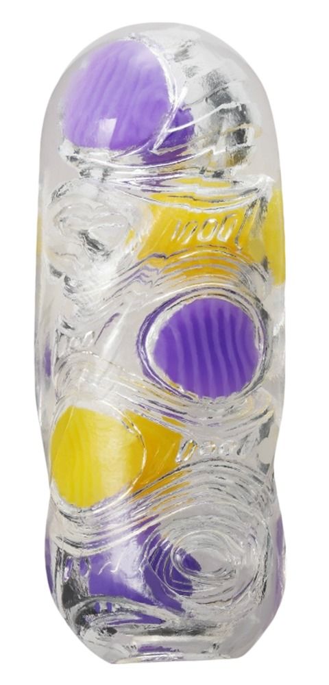 Durchsichtige, längliche Hülle mit gelben und violetten Kugeln. Wellenförmige Oberflächenstruktur.