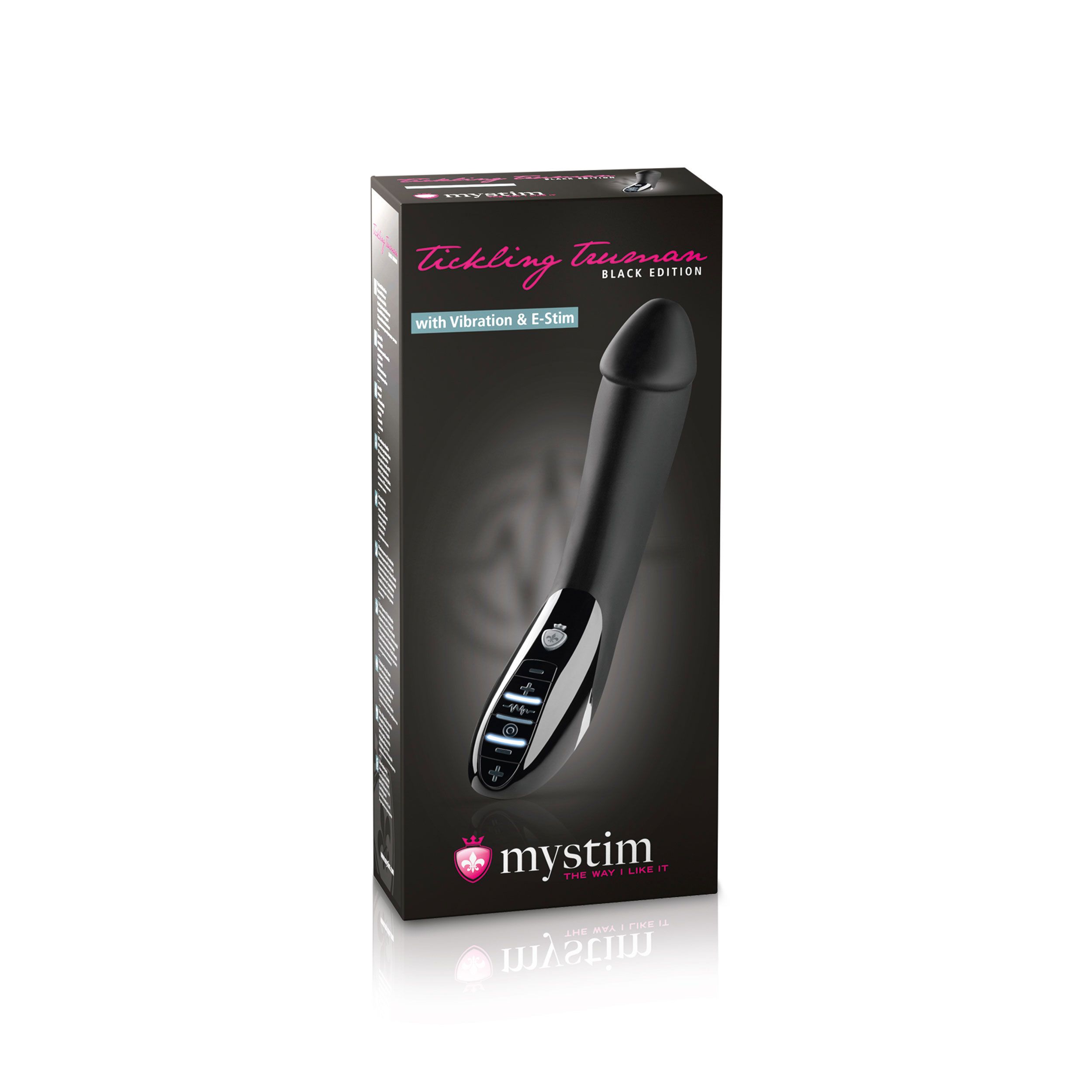 Schwarzes Produkt in Verpackung. Aufschrift: Tickling Truman Black Edition. Mit Vibration & E-Stim. Marke: mystim.