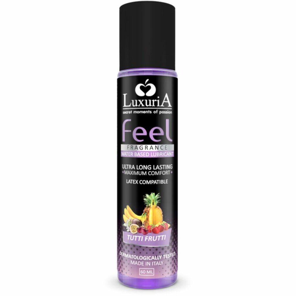 Zylindrische Flasche mit schwarzem Deckel. Aufschrift: LuxuriA, feel, Tutti Frutti. Wasserbasiertes Gleitmittel. Dermatologisch getestet.
