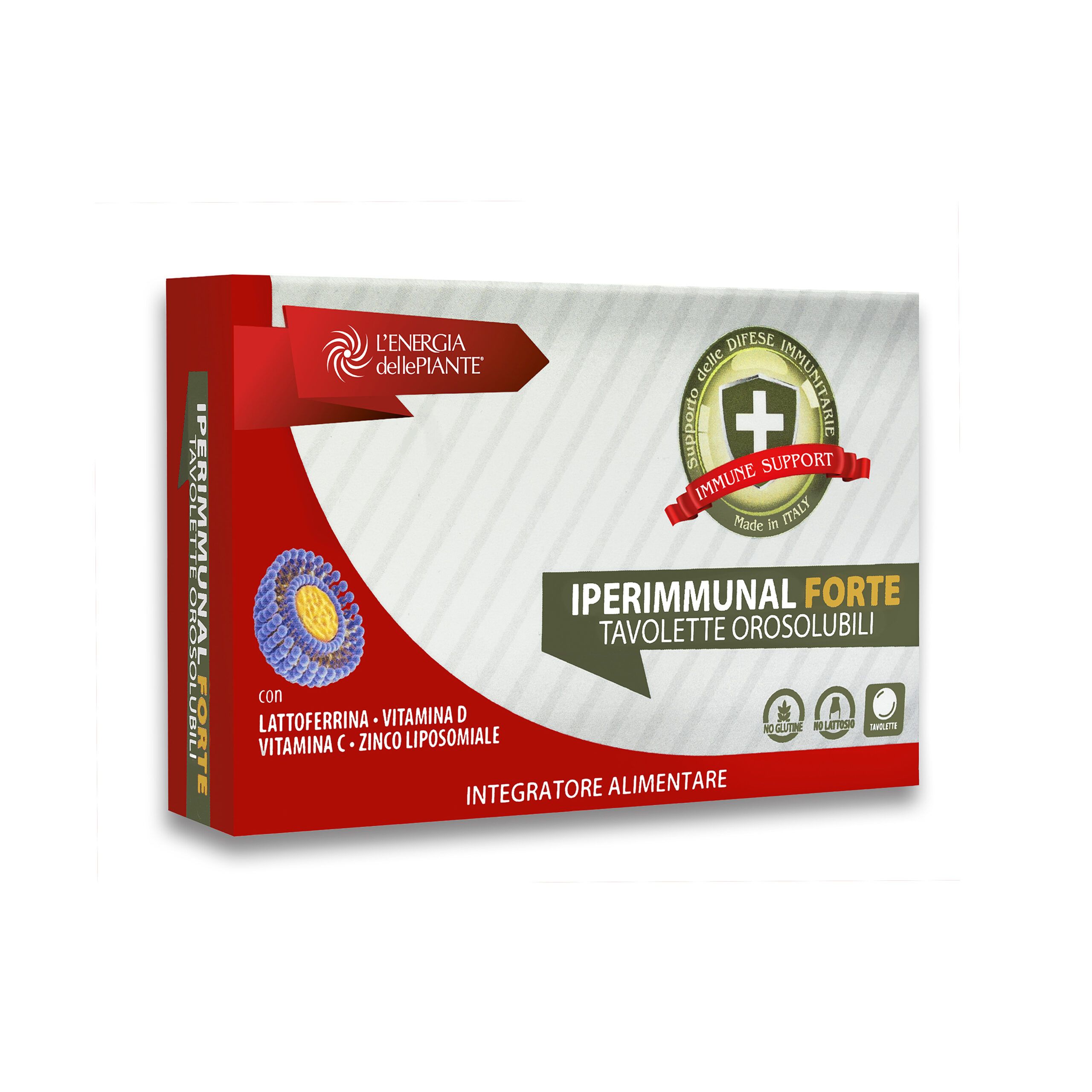 Confezione di L'Energia delle Piante Iperimmunal Forte, integratore alimentare in compresse orosolubili. La confezione mostra il logo del marchio, il nome del prodotto e gli ingredienti, tra cui lattoferrina, vitamina D, vitamina C e zinco. È presente un logo che indica il supporto immunitario.