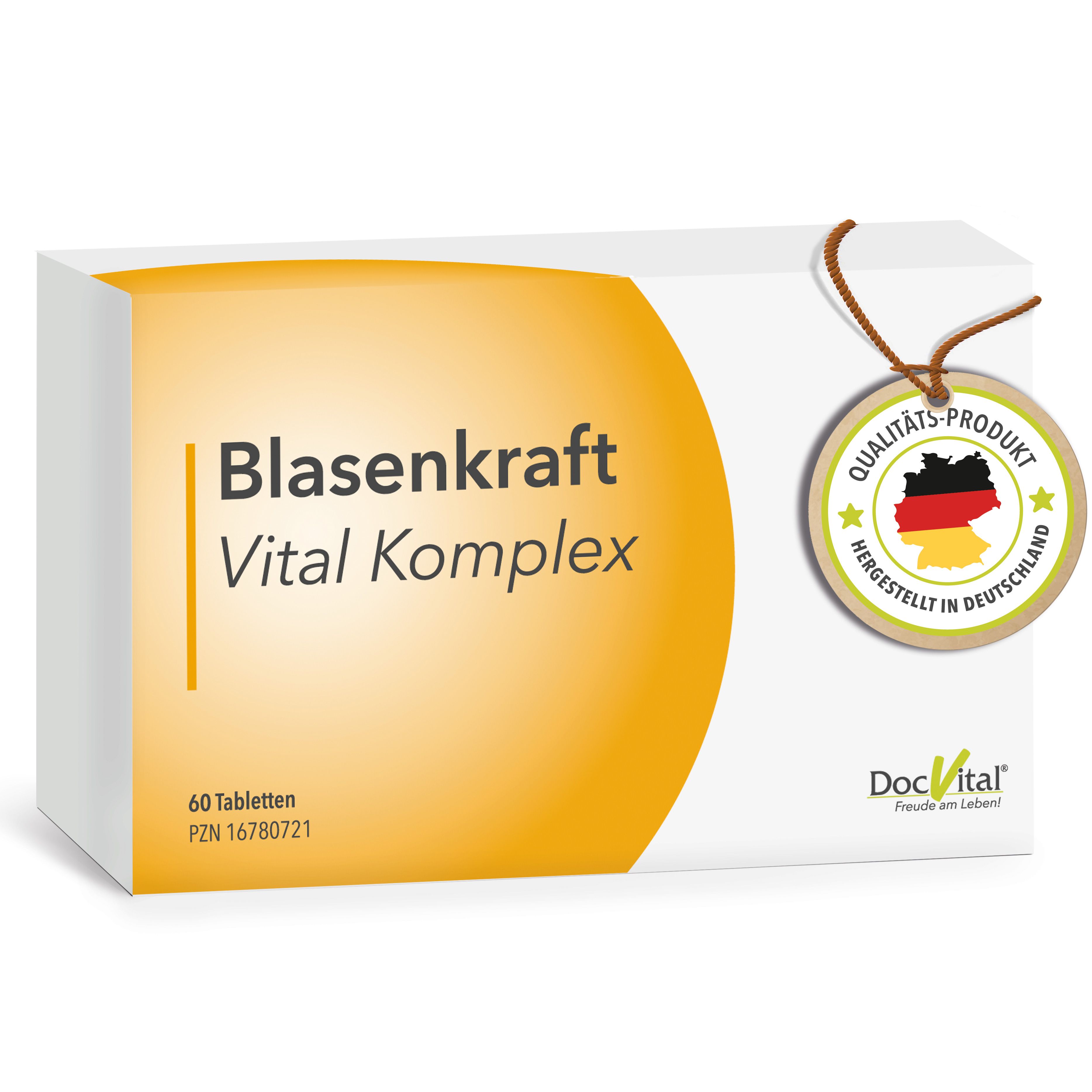 Weiße Schachtel mit "Blasenkraft Vital Komplex"-Aufdruck. Anhänger mit Deutschland-Flagge und "Qualitätsprodukt". DocVital-Logo.
