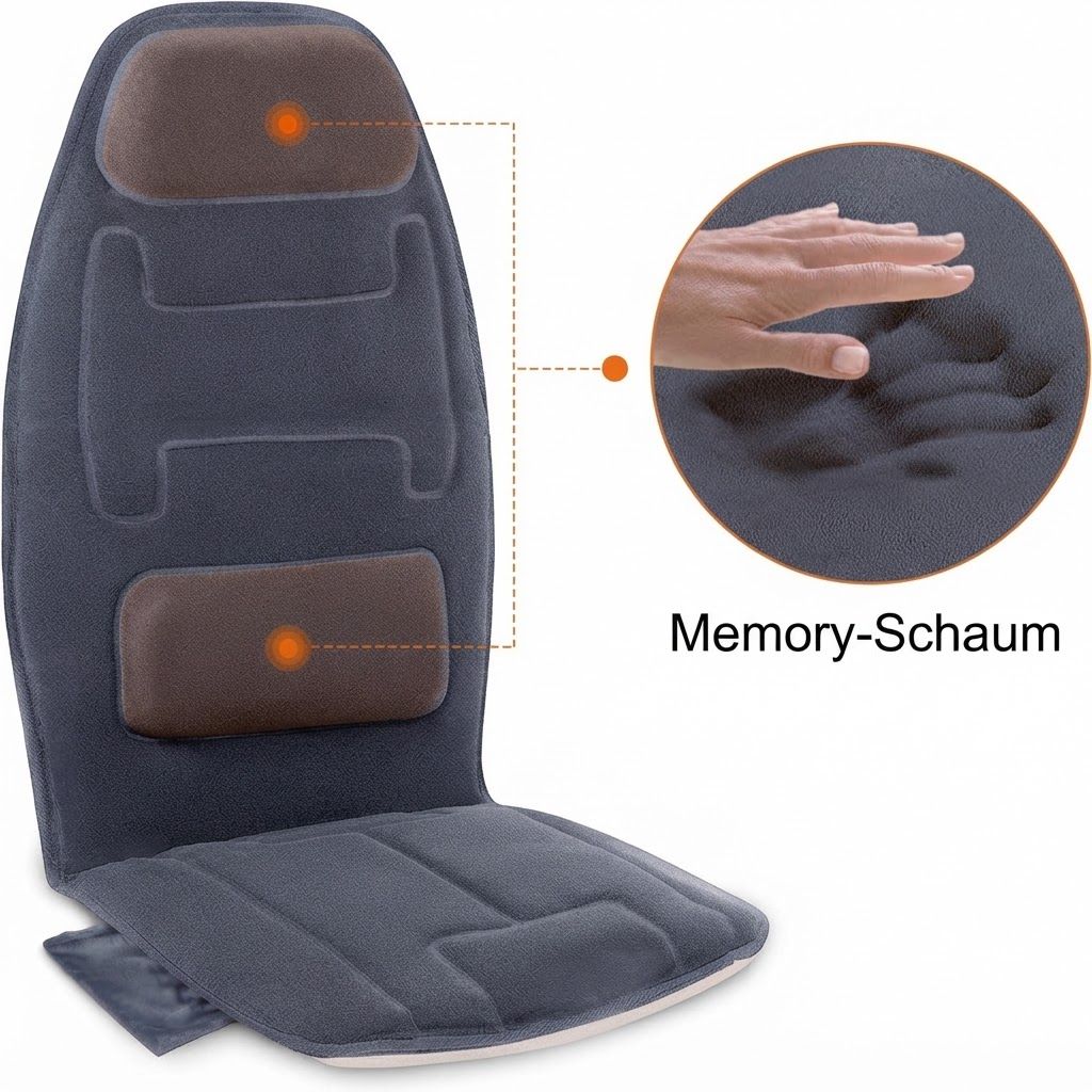 Graues Sitzkissen mit Memory-Schaum-Polsterung und sichtbaren Massageelementen.