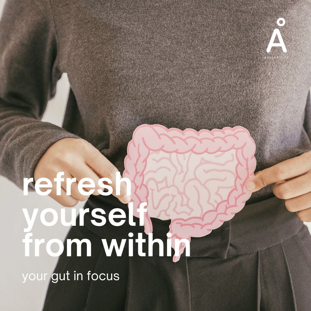Person hält eine stilisierte Darmgrafik mit dem Text 'refresh yourself from within'.