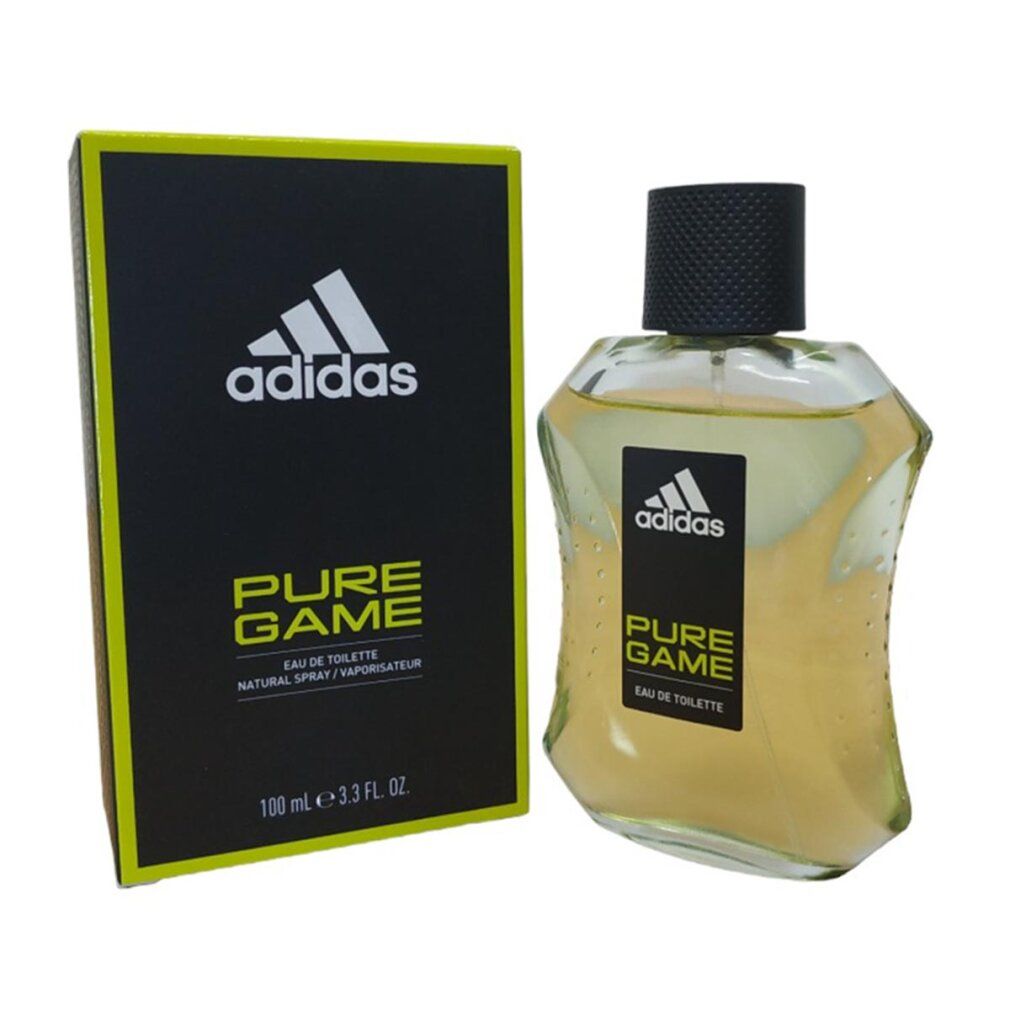 Adidas Pure Game Flakon und Verpackung. Schwarze Verpackung mit Logo und Schriftzug. Eau de Toilette.