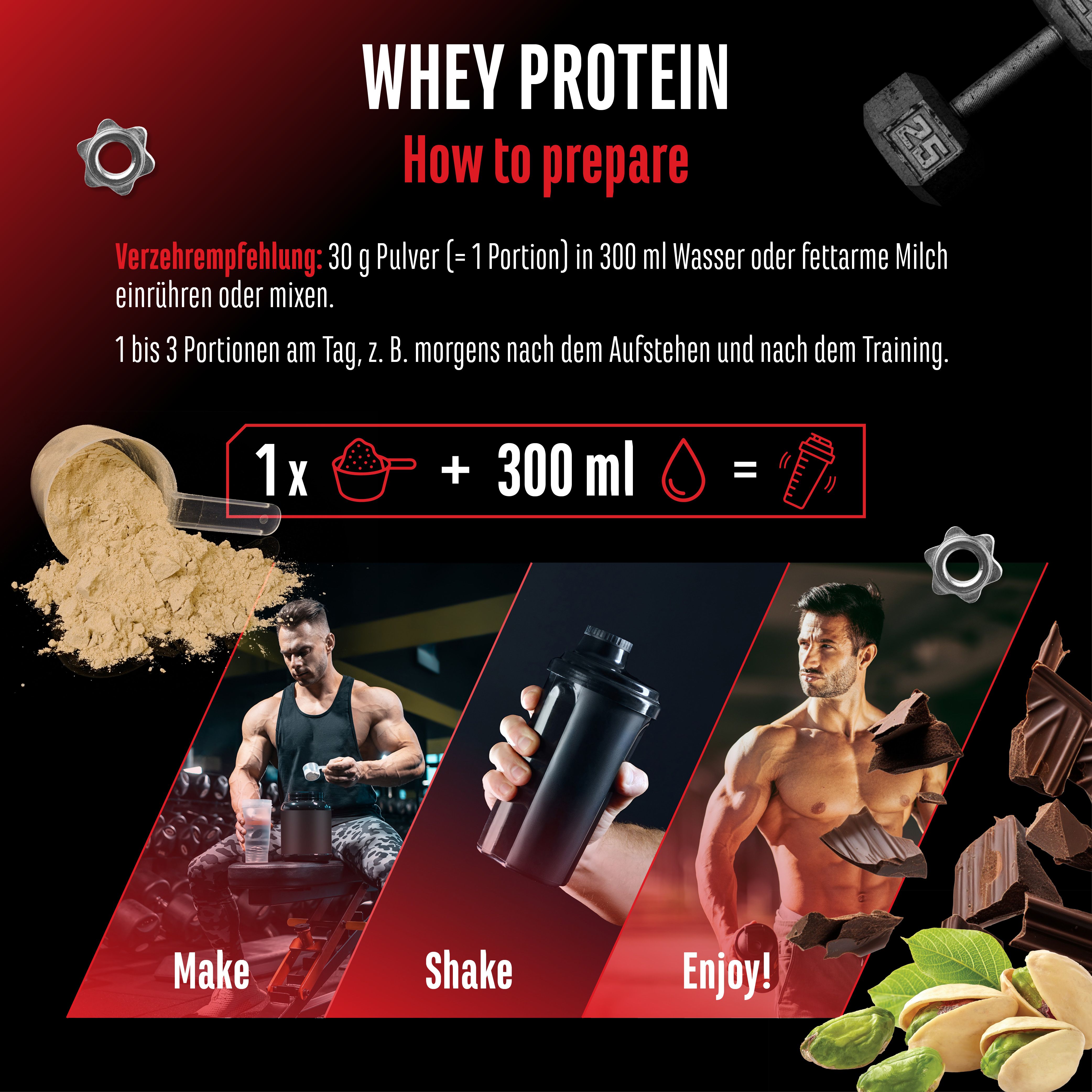Anleitung zur Zubereitung von Whey Protein. 30 g Pulver in 300 ml Wasser oder Milch mischen. Shake, genießen.
