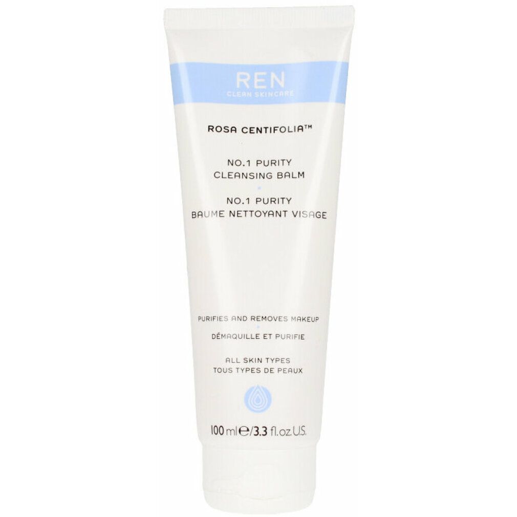 Weiße Tube mit blauem Streifen. Text: REN, Rosa Centifolia, No.1 Purity Cleansing Balm, 100ml/3.3 fl.oz. Reinigt und entfernt Make-up.