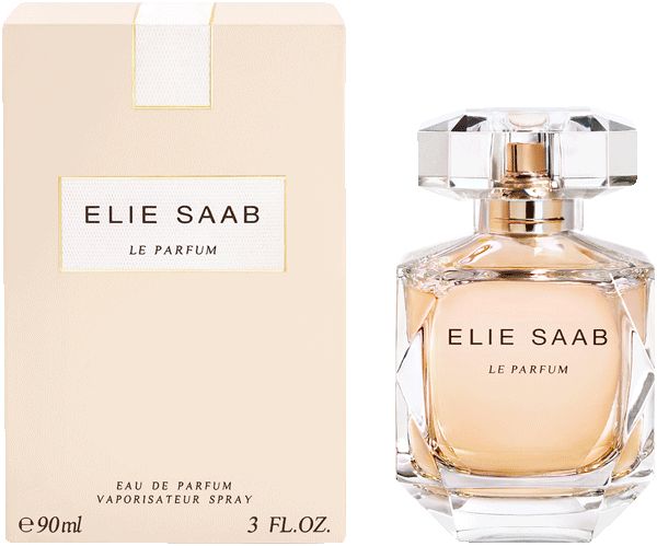 Elie Saab Le Parfum EdP Nat. Spray Flakon und Verpackung. Flakon aus Glas, Verpackung in Beige.