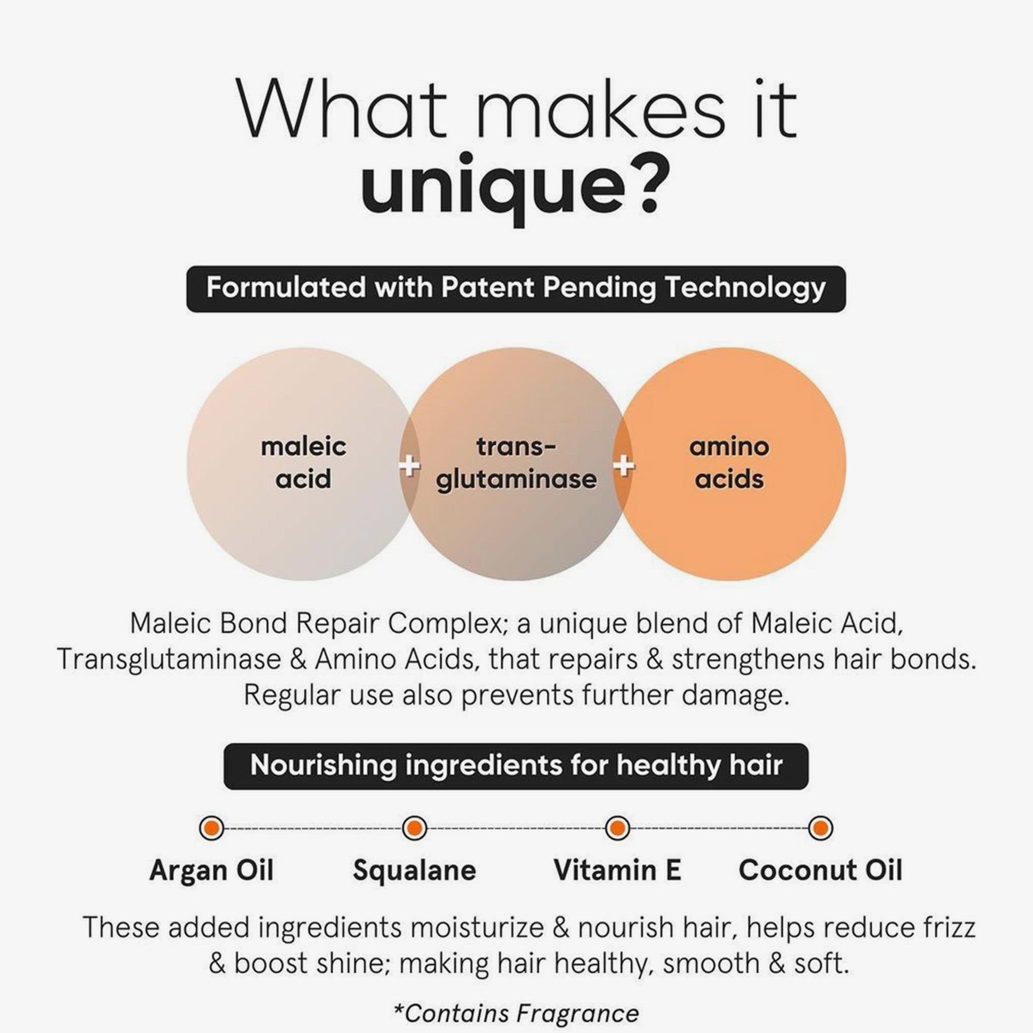 Infographie avec cercles et texte. Décrit le Maleic Bond Repair Complex avec acide maléique, transglutaminase et acides aminés.