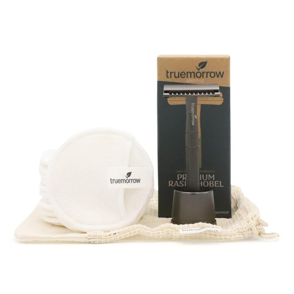 Geschenkset mit Rasierhobel, Rasierpads und Halterung. Anthrazitfarbenes Design. Marke: truemorrow.