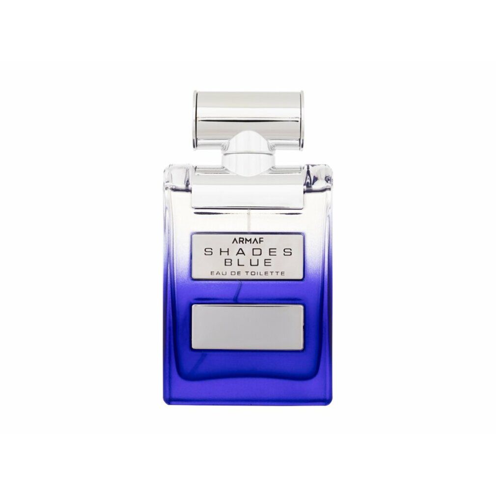 Blaues Eau de Toilette Spray. Aufschrift: ARMAF SHADES BLUE, EAU DE TOILETTE. Flakon mit silberfarbenem Verschluss.
