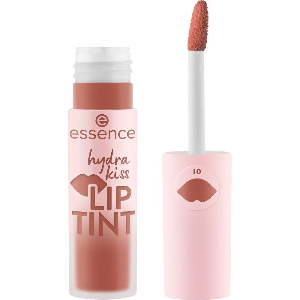 Geöffnete Lippen-Tint-Verpackung mit Applikator. Aufschrift: essence, hydra kiss, LIP TINT. Farbnummer 01.