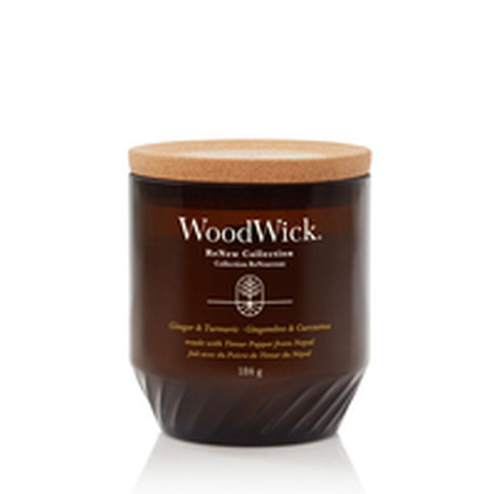 Braune Kerze mit Korkdeckel. Aufschrift: WoodWick ReNew Collection. Text: Ginger & Turmeric. Gewicht: 106 g.