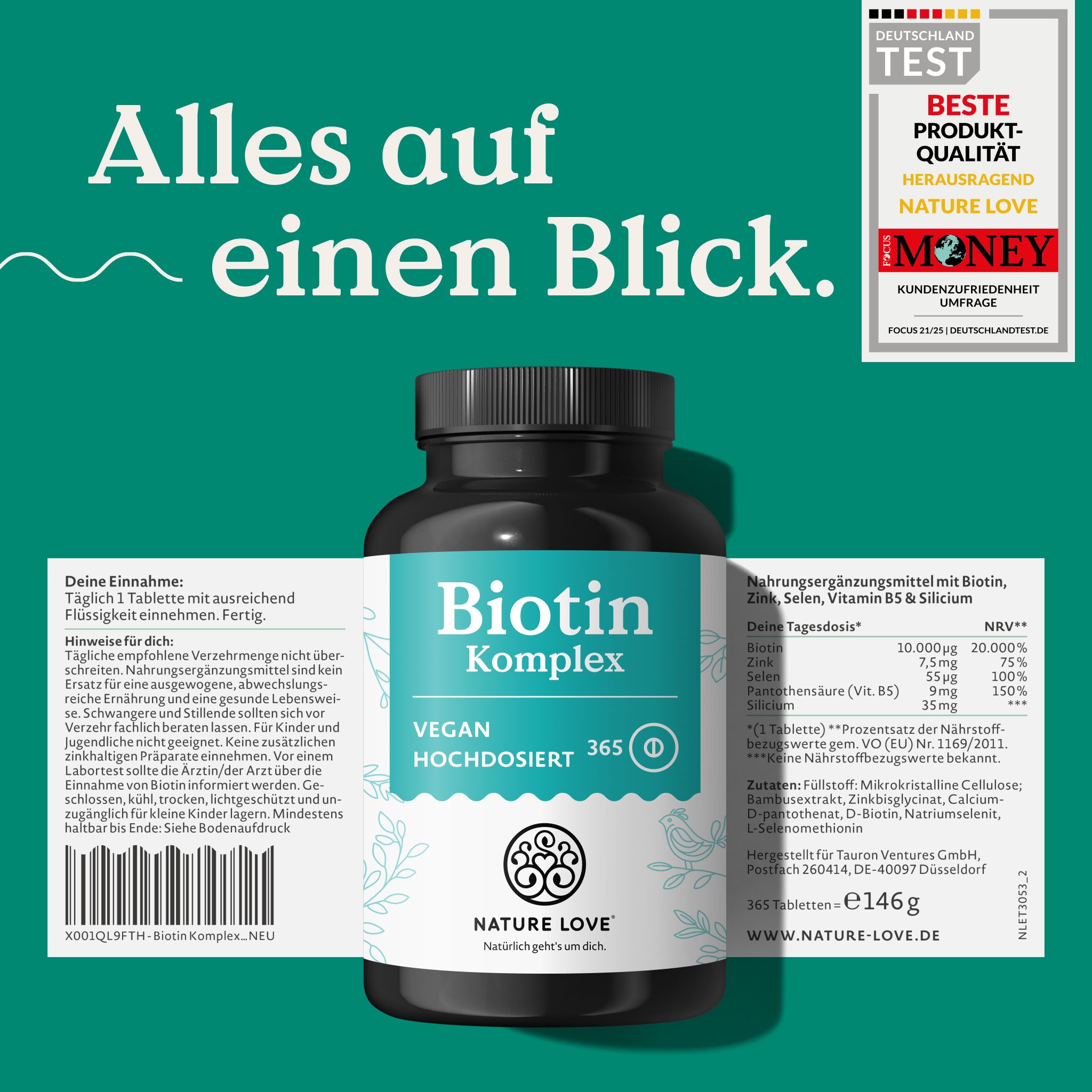 Flasche Biotin Komplex mit Etikett. Auszeichnungen: "Deutschland Test", "Beste Produkt-Qualität".