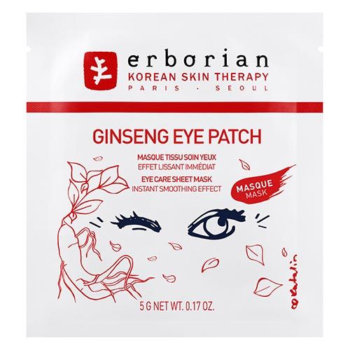 Erborian Ginseng Eye Patch-Verpackung. Weiß mit roter Schrift und Illustrationen. Enthält 5 g. Text: Korean Skin Therapy, Paris, Seoul.