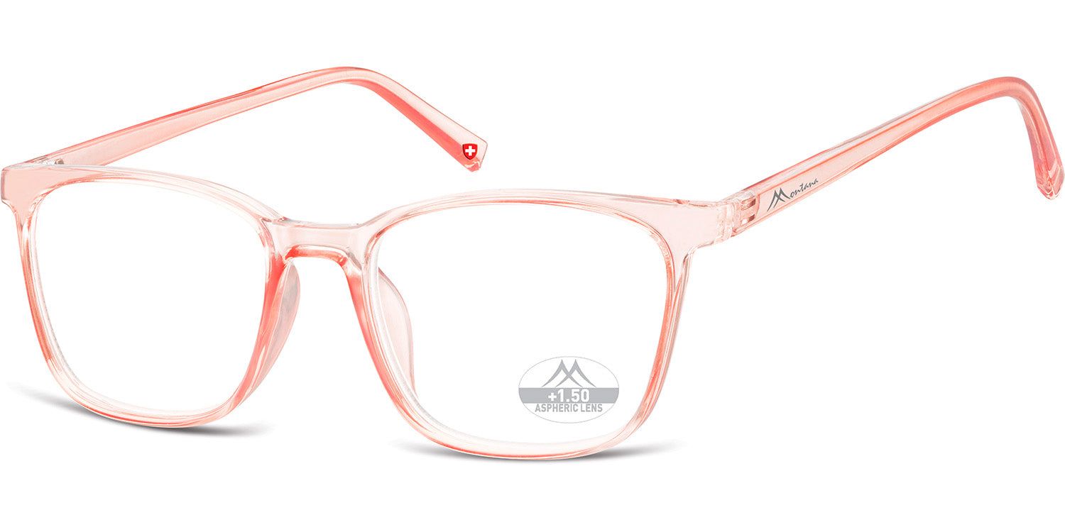 Rosa Brille mit rechteckigen Gläsern. Montana Eyewear Logo am Bügel. Auf den Gläsern: +1.50.
