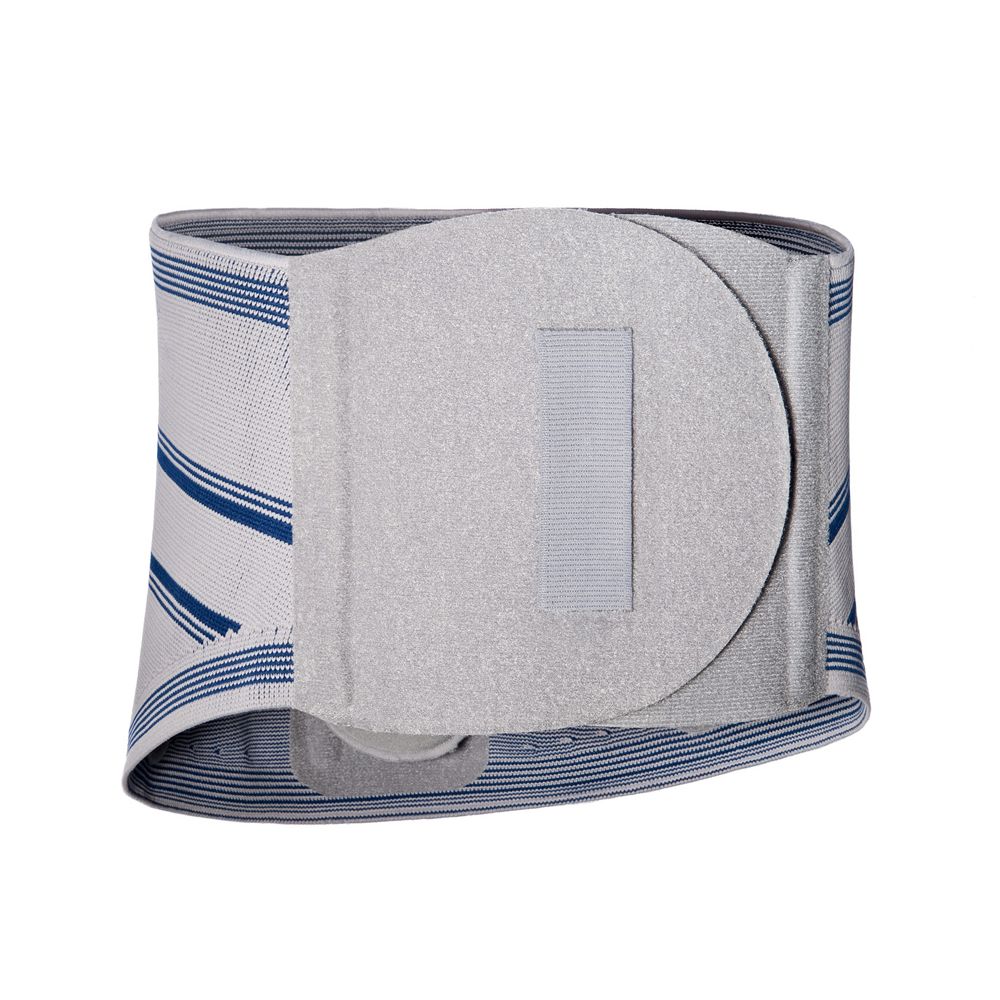 Rückenbandage mit blau-gestreiften Details und Klettverschluss. Graue, runde Auflage.