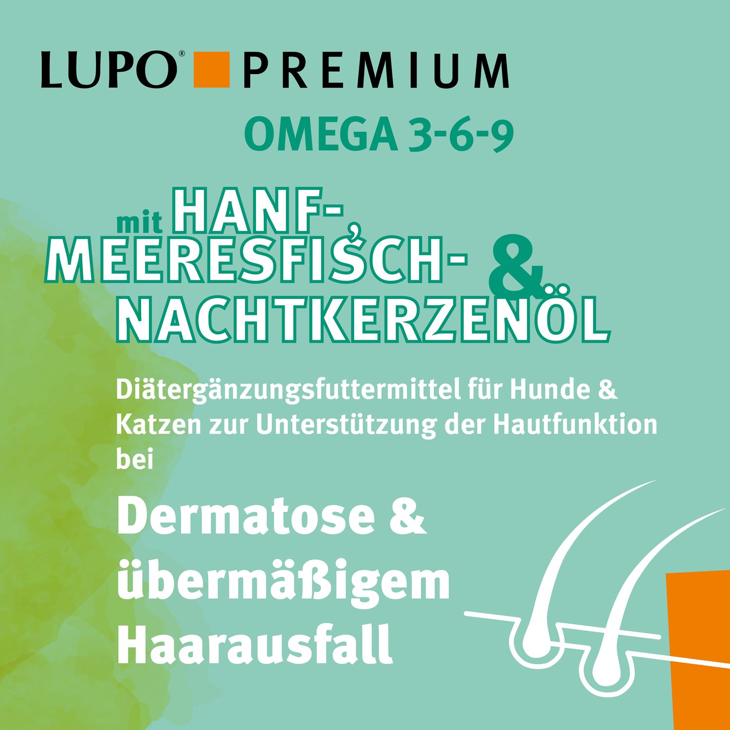 Text: LUPO PREMIUM Omega 3-6-9. Mit Hanf-, Meeresfisch- & Nachtkerzenöl. Diätergänzungsmittel für Hunde & Katzen. Dermatose & übermäßiger Haarausfall.