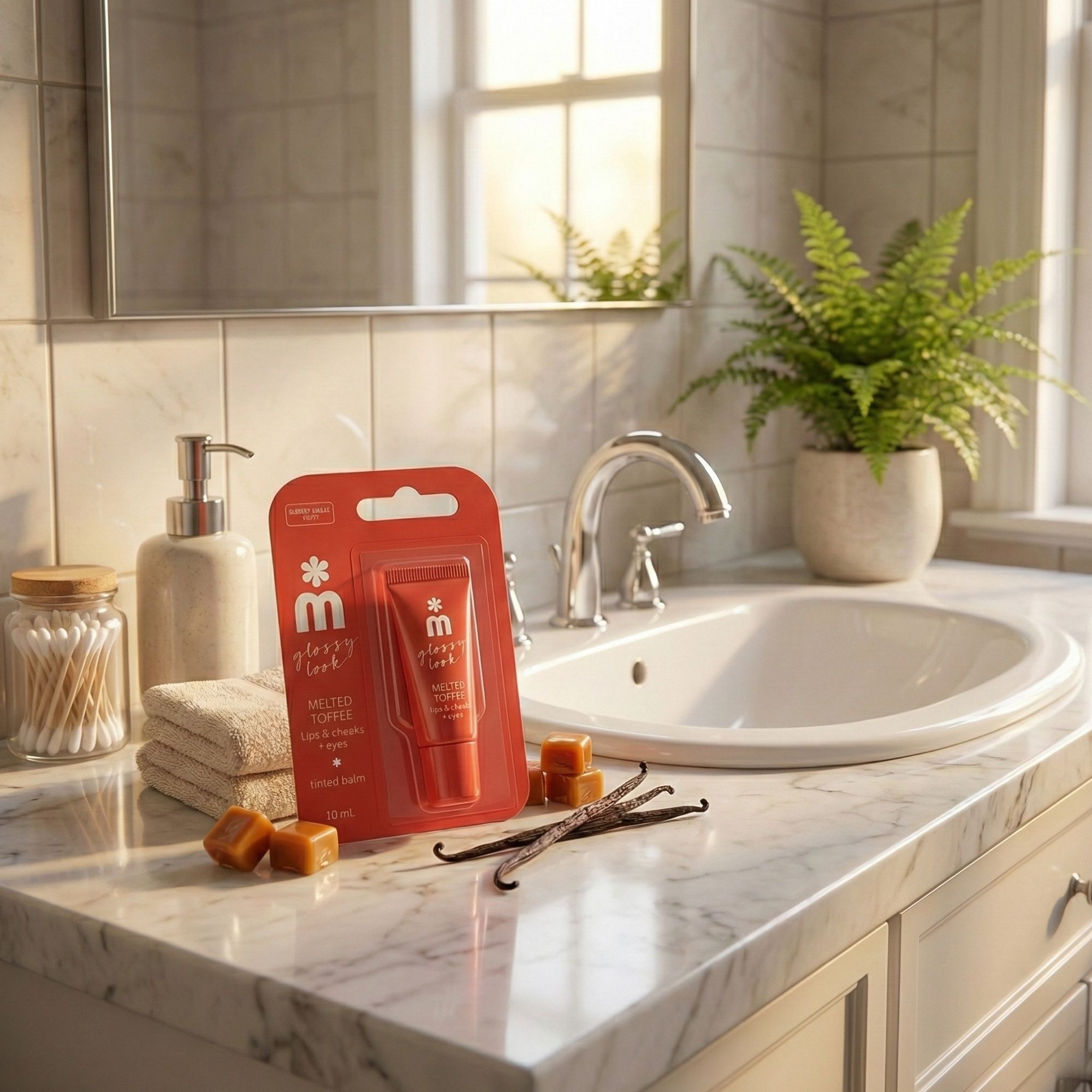Produktverpackung mit roter Tube, "glossy look", "Melted Toffee", in Badezimmerumgebung.