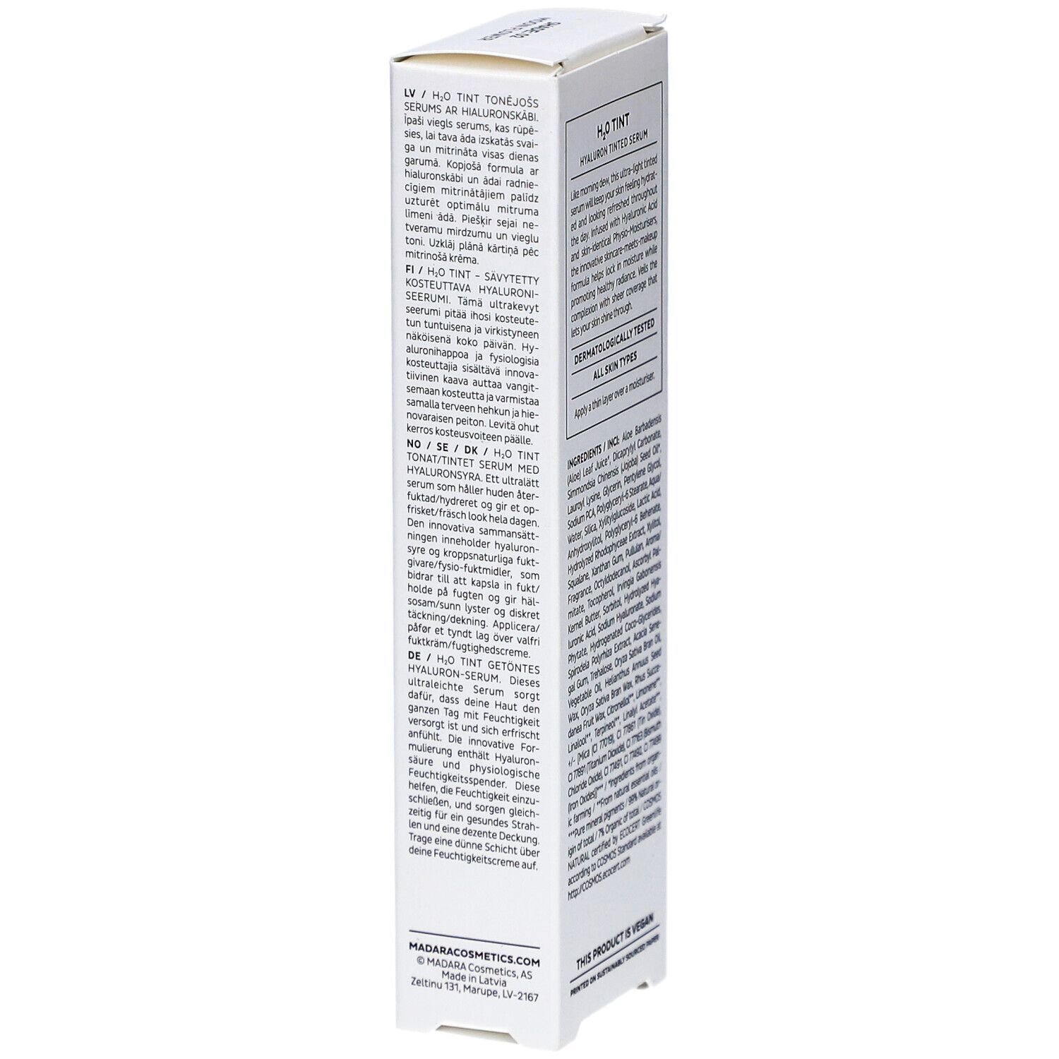 Weiße Produktverpackung mit Text in mehreren Sprachen. H2O TINT Hyaluron getöntes Serum. Anwendungshinweise.