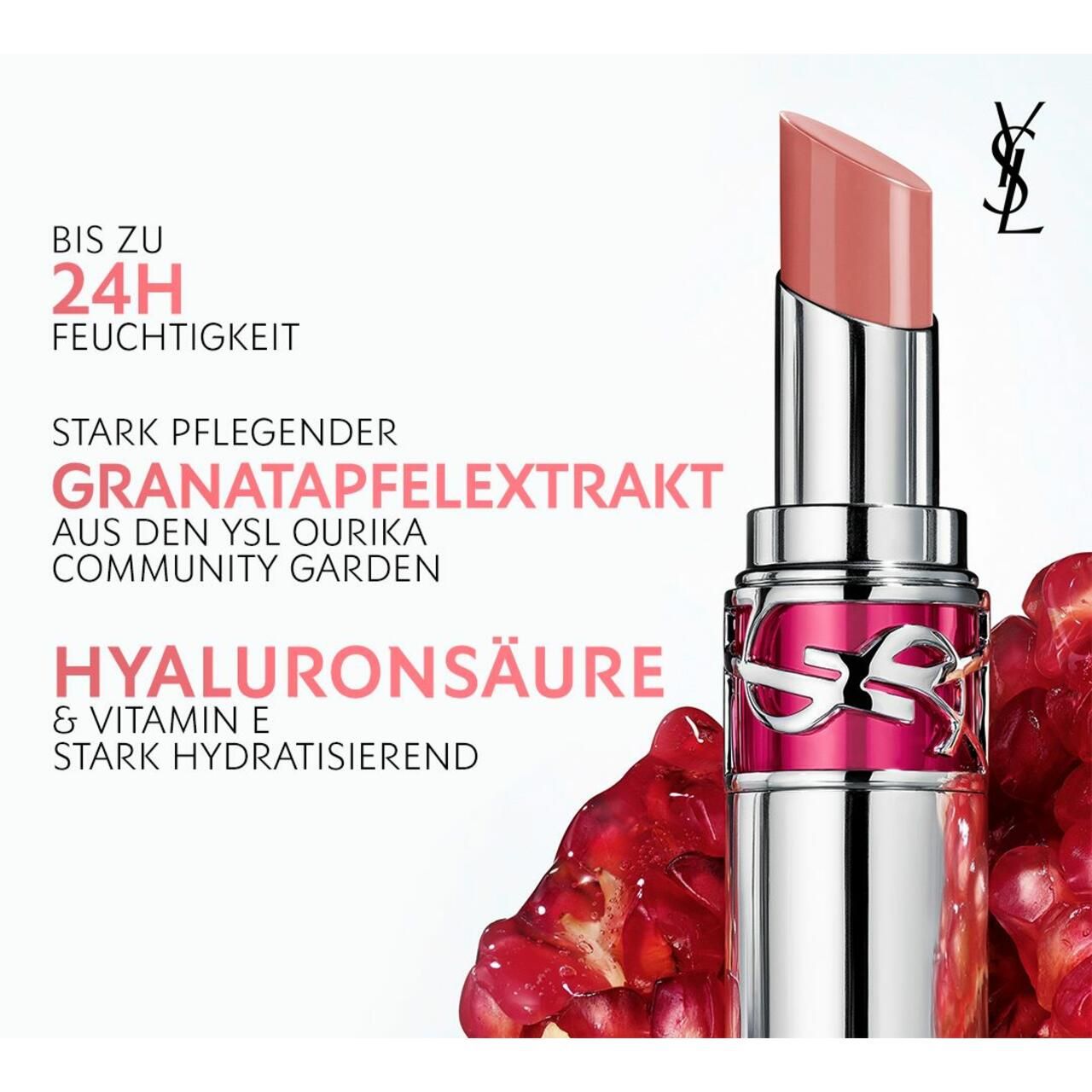 YSL-Lippenstift in silberner Hülse mit rosa Akzenten. Text: Granatapfelextrakt, Hyaluronsäure, Vitamin E. Granatapfel daneben.