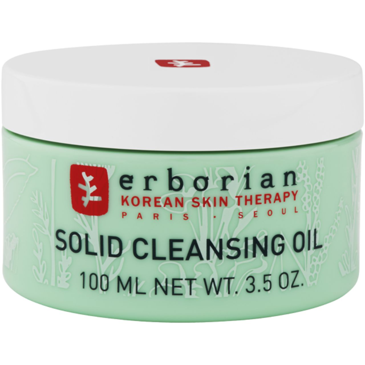 Grünes Tiegel mit weißem Deckel. Aufschrift: Erborian, Korean Skin Therapy, Solid Cleansing Oil. Volumenangabe: 100 ml.