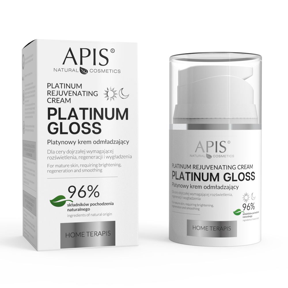 Weißer Karton und Flakon mit Aufschrift PLATINUM GLOSS. Text: PLATINUM REJUVENATING CREAM, 96% Inhaltsstoffe natürlichen Ursprungs. Marke: APIS.