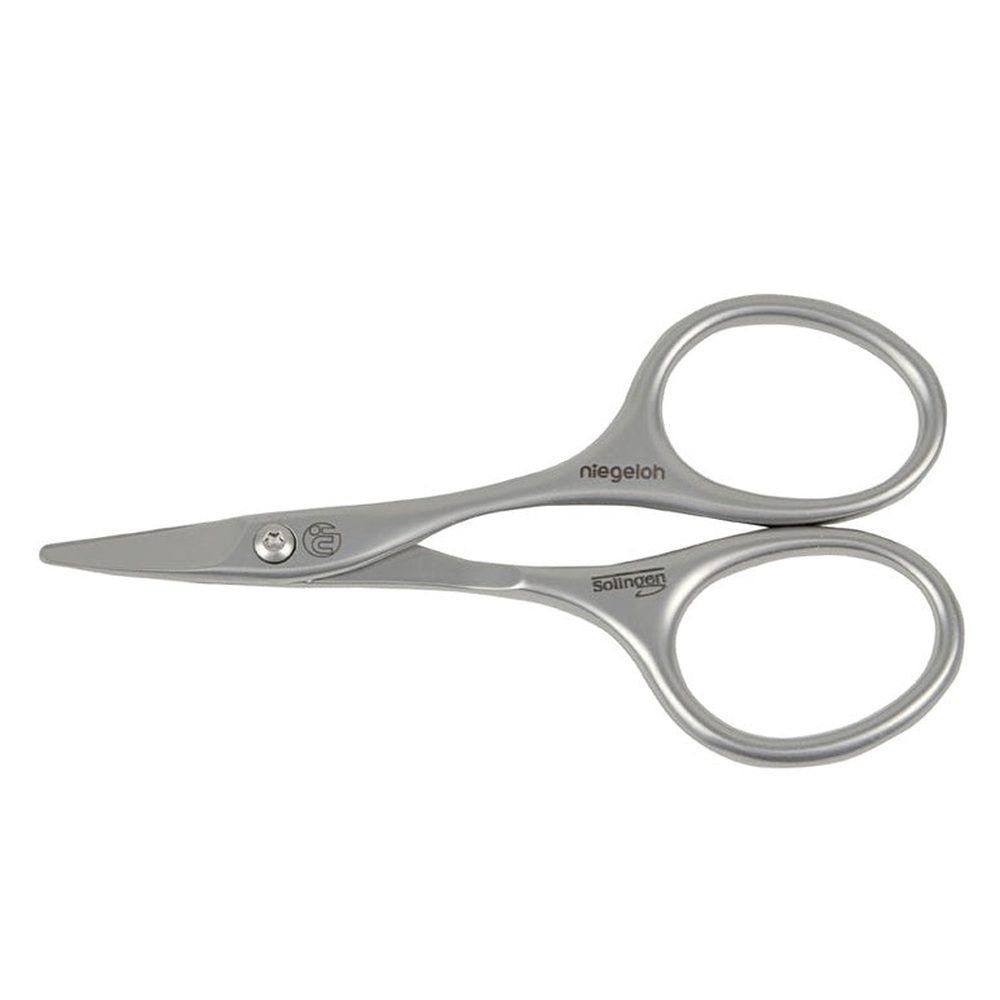Silberne Baby-Nagelschere. Abgerundete Spitze, zwei ovale Griffe. Marke: Niegeloh Solingen.