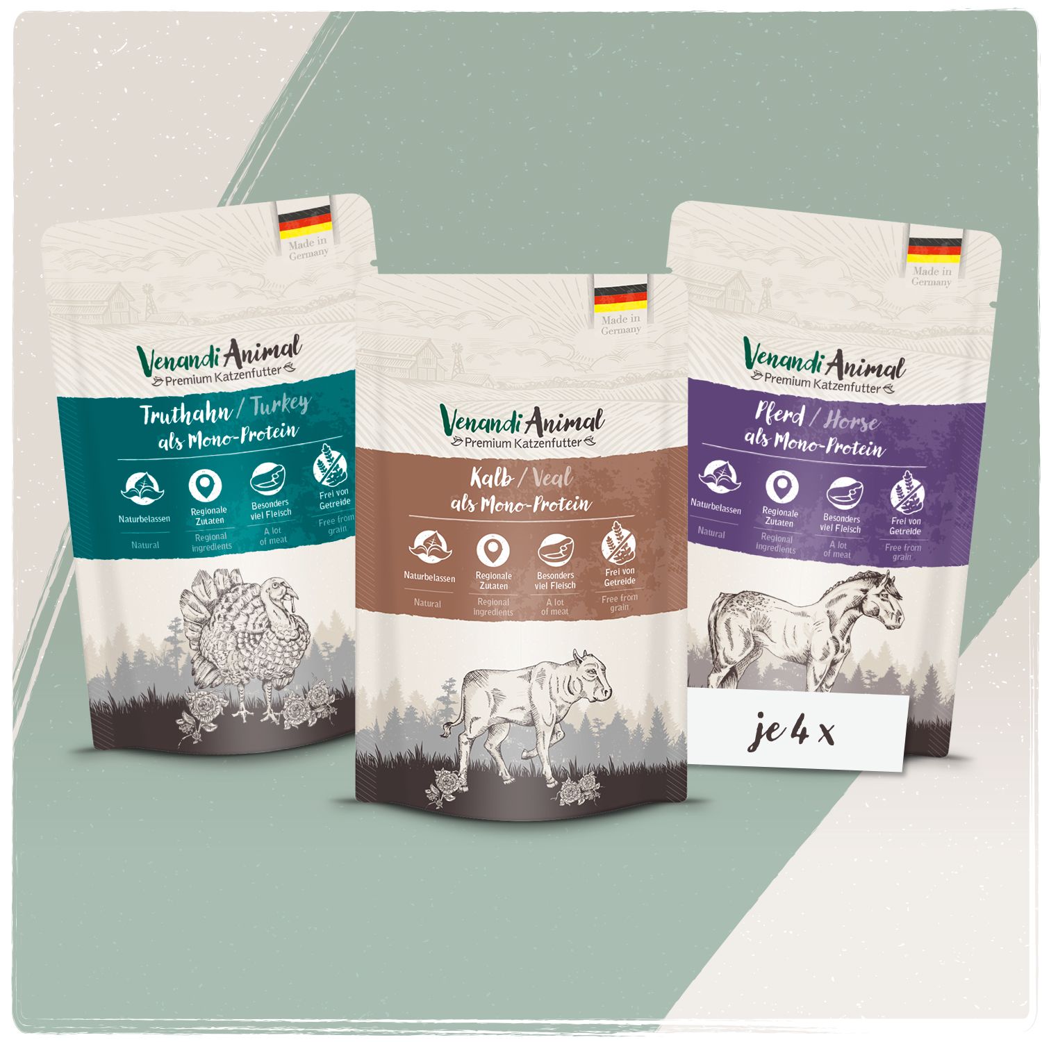 Drei Probierpaket-Beutel Venandi Animal: Truthahn, Kalb und Pferd. Jede Sorte mit Tierabbildung und deutschen Flaggen.