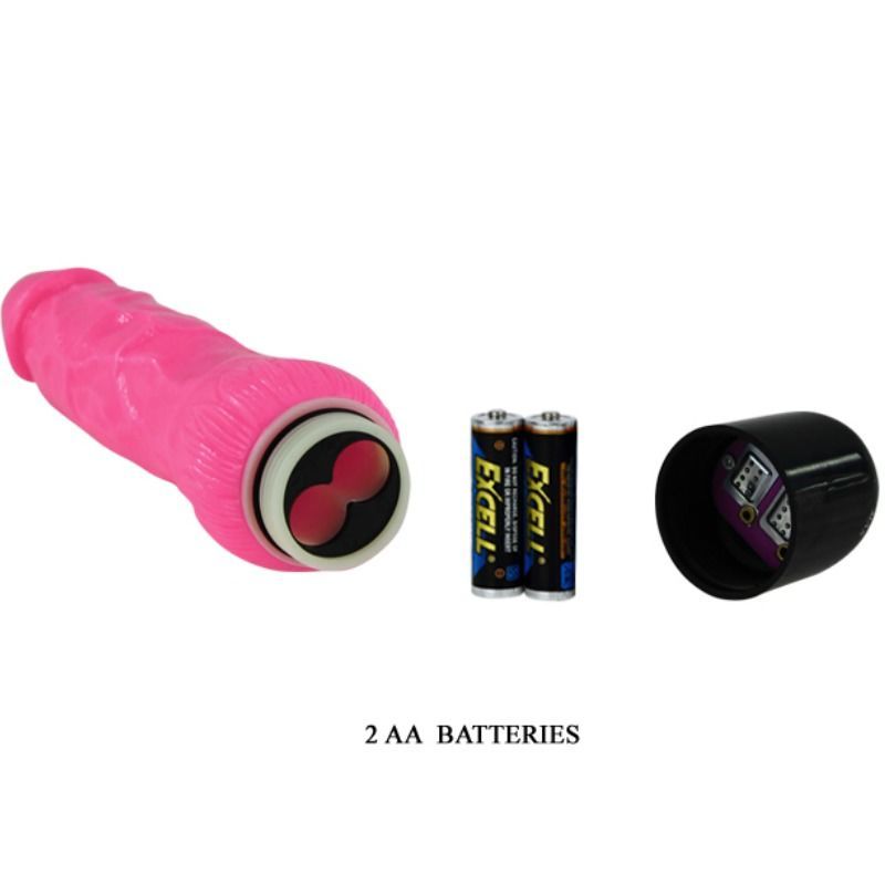 Pinkfarbener Vibrator, Batteriefach geöffnet, 2 AA-Batterien. Schwarzer Sockel mit rotem Detail.