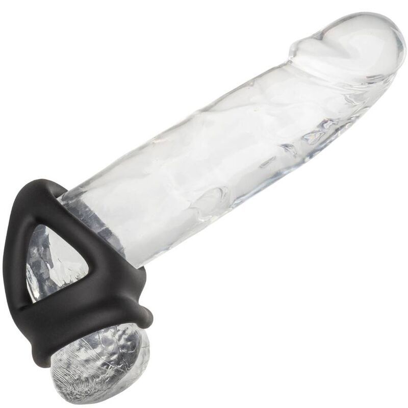 Transparenter Dildo mit schwarzem Cage-Ring. Der Ring umschließt den Dildo am Ansatz.