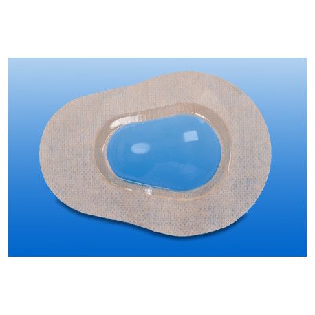 Ovale Augenklappe mit blauem, gewölbtem Einsatz. Umrandung aus weißem, texturiertem Material.