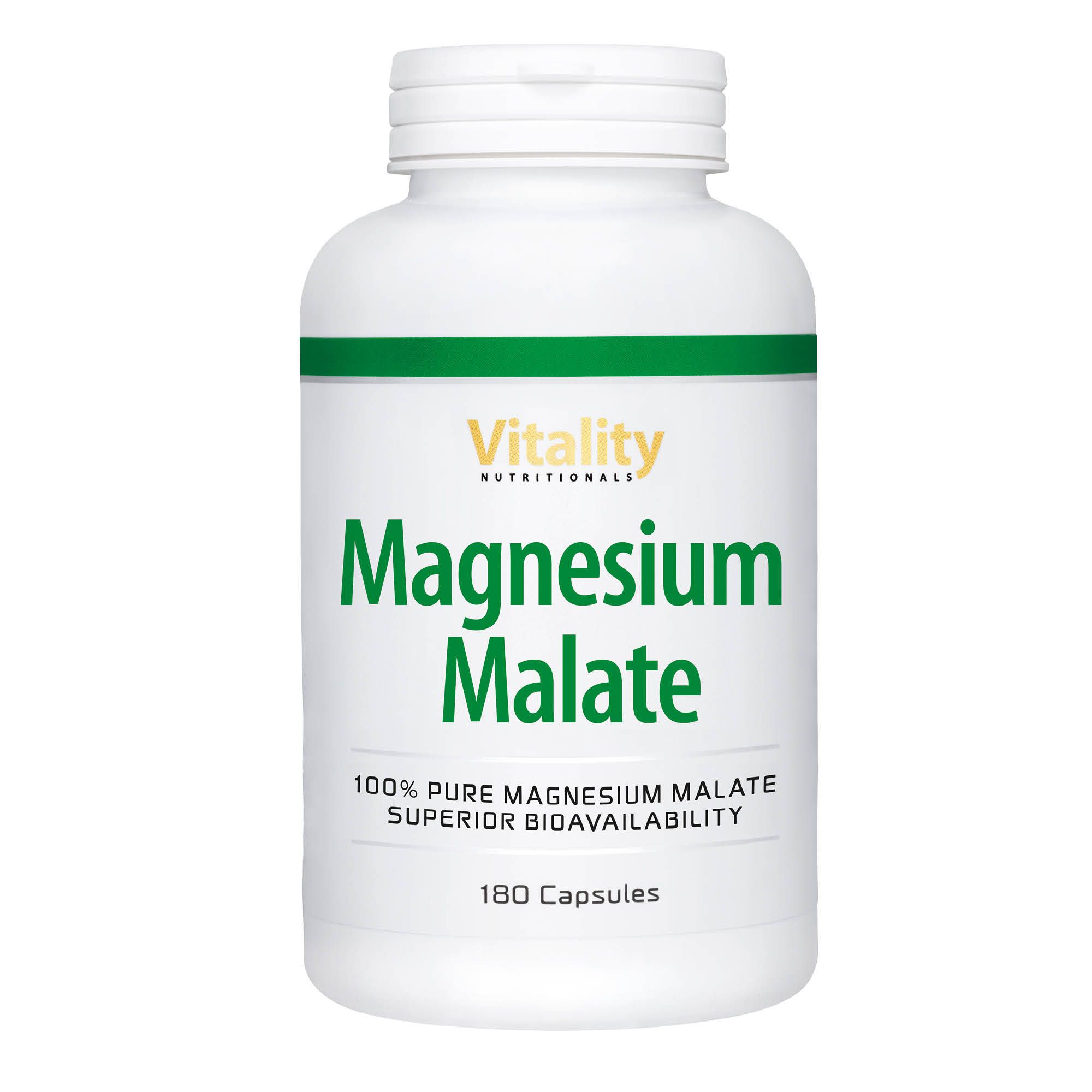 Weiße Flasche mit grünem Etikett. Aufschrift: Magnesium Malate. Text: 100% reines Magnesiummalat, 180 Kapseln.
