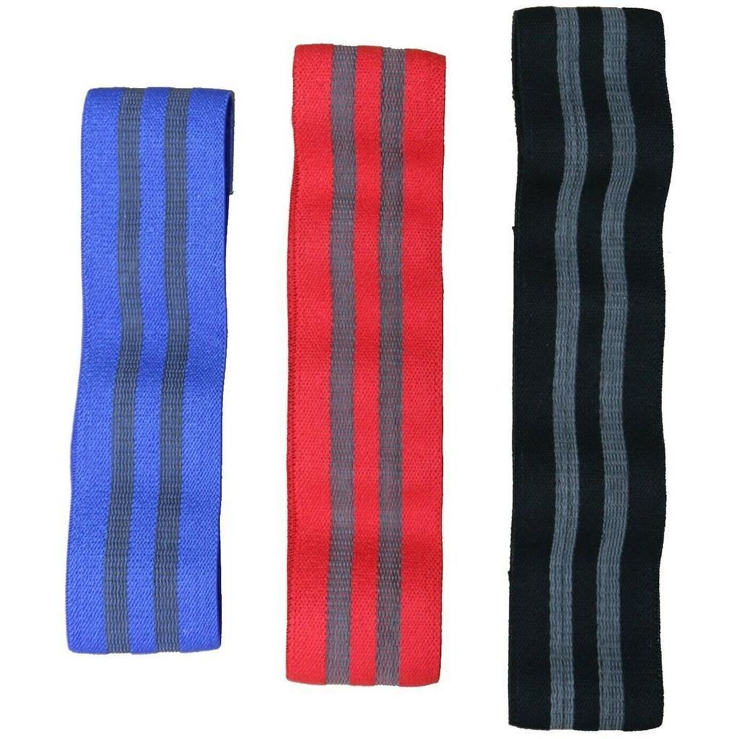 Drei Sporttrend24 Loop Bänder mit grauen Streifen in Blau, Rot und Schwarz. Flache, rechteckige Form.
