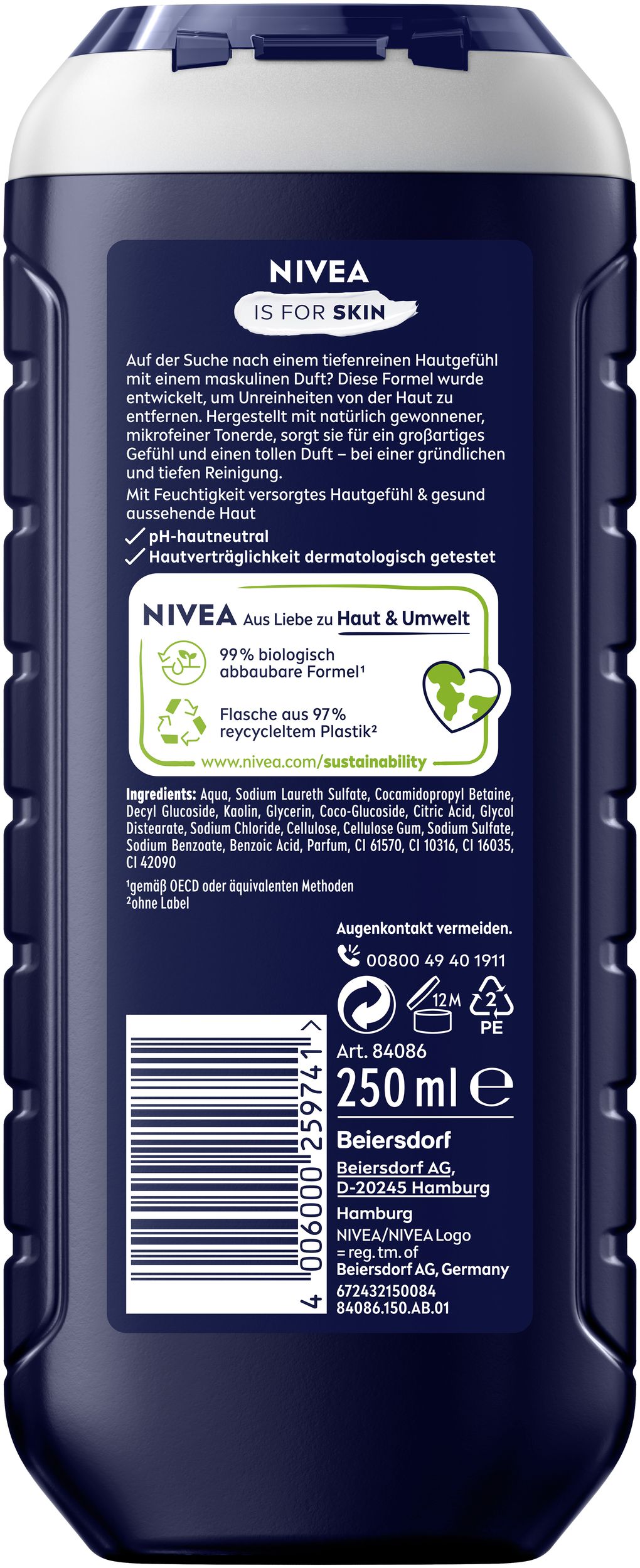 Rückseite einer NIVEA MEN Active Pure Limited Edition Duschgel Flasche, 250ml.