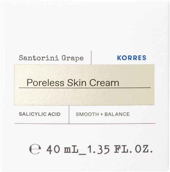 KORRES Santorini Grape Porenverfeinernde Creme. Text auf weißem Hintergrund. Produktname und Marke sichtbar.