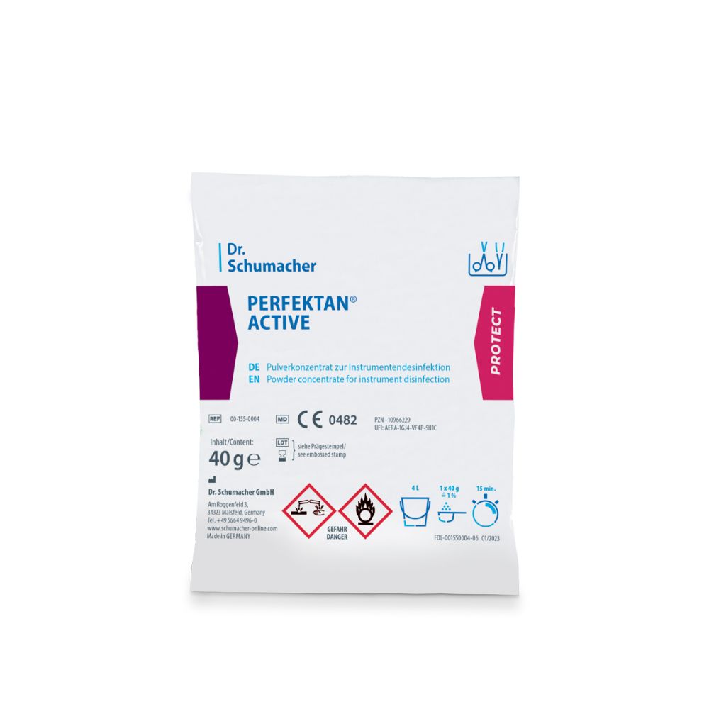 Beutel mit Produktnamen Perfektan Active. Enthält Pulverkonzentrat zur Instrumentendesinfektion. Mit CE-Kennzeichnung und Warnsymbolen.