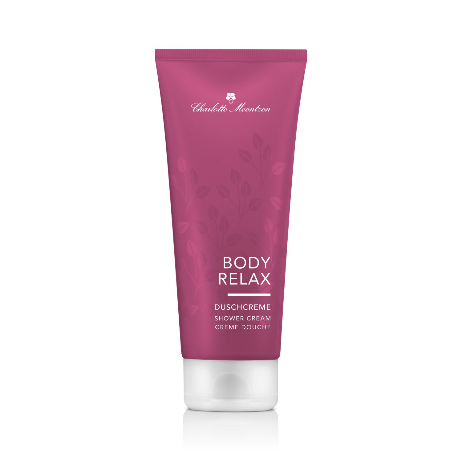 Pinkfarbene Tube mit Produktnamen BODY RELAX und Duschcreme. Marke Charlotte Meentzen. Weißer Verschluss.