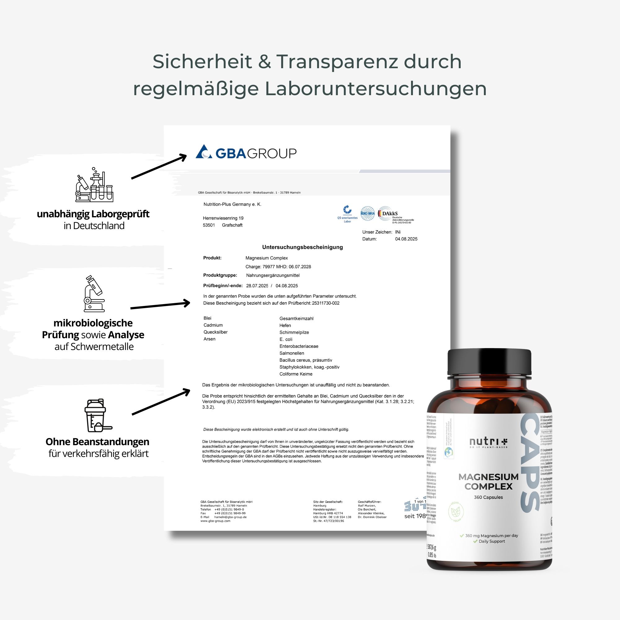 Zertifizierungsdokumente und Flasche nutri+ Magnesium Complex. Text: unabhängige Laborprüfung, mikrobiologische Prüfung, ohne Beanstandungen.