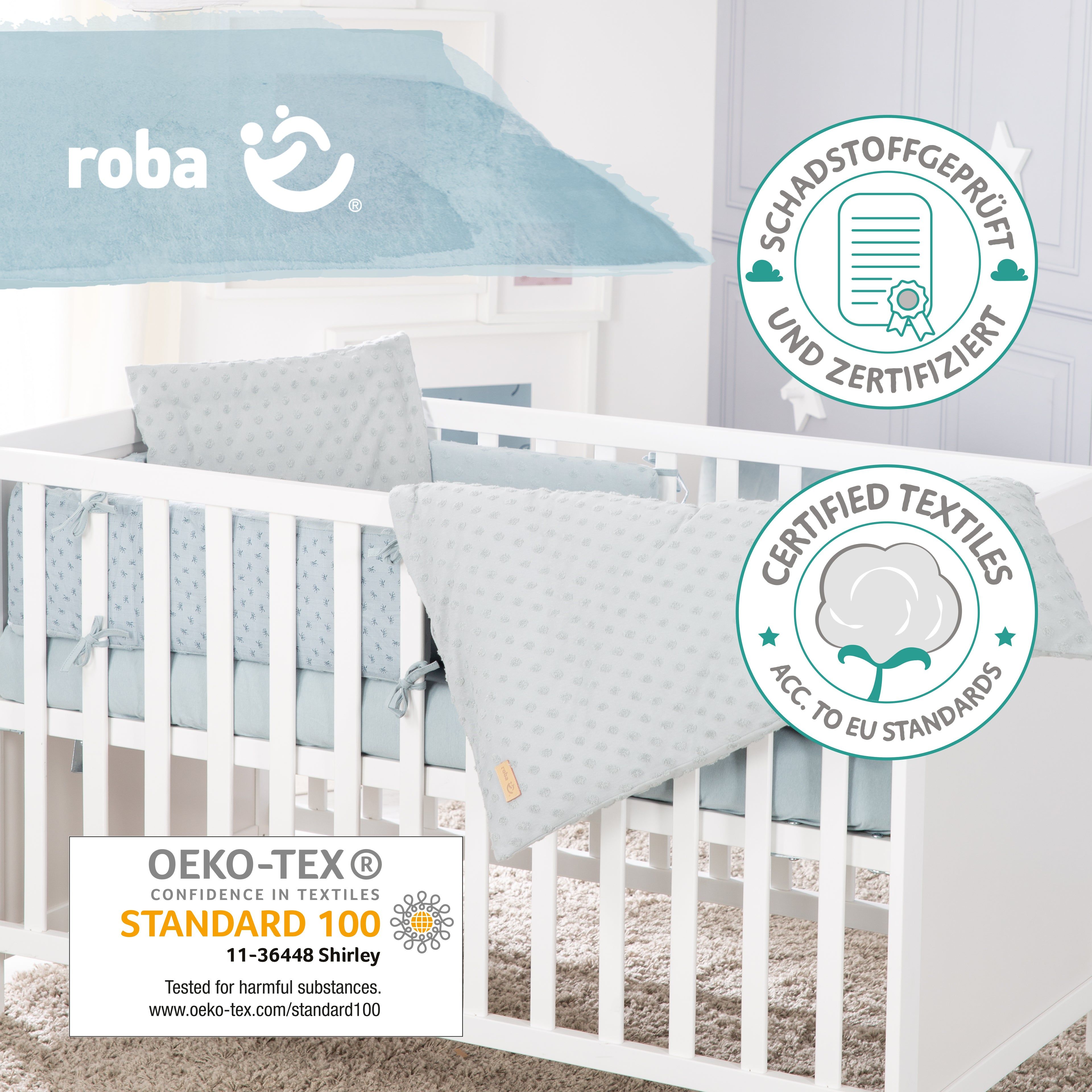 Babybett-Set mit Zertifizierungen. Oeko-Tex Standard 100 Label. Text: Schadstoffgeprüft und zertifiziert. Logo: Certified Textiles.