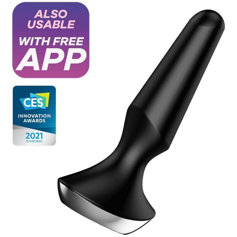 Schwarzer Analvibrator. Kegelförmiger Schaft, breiter Fuß mit silberfarbenem Rand. Mit App-Logo und Auszeichnung.